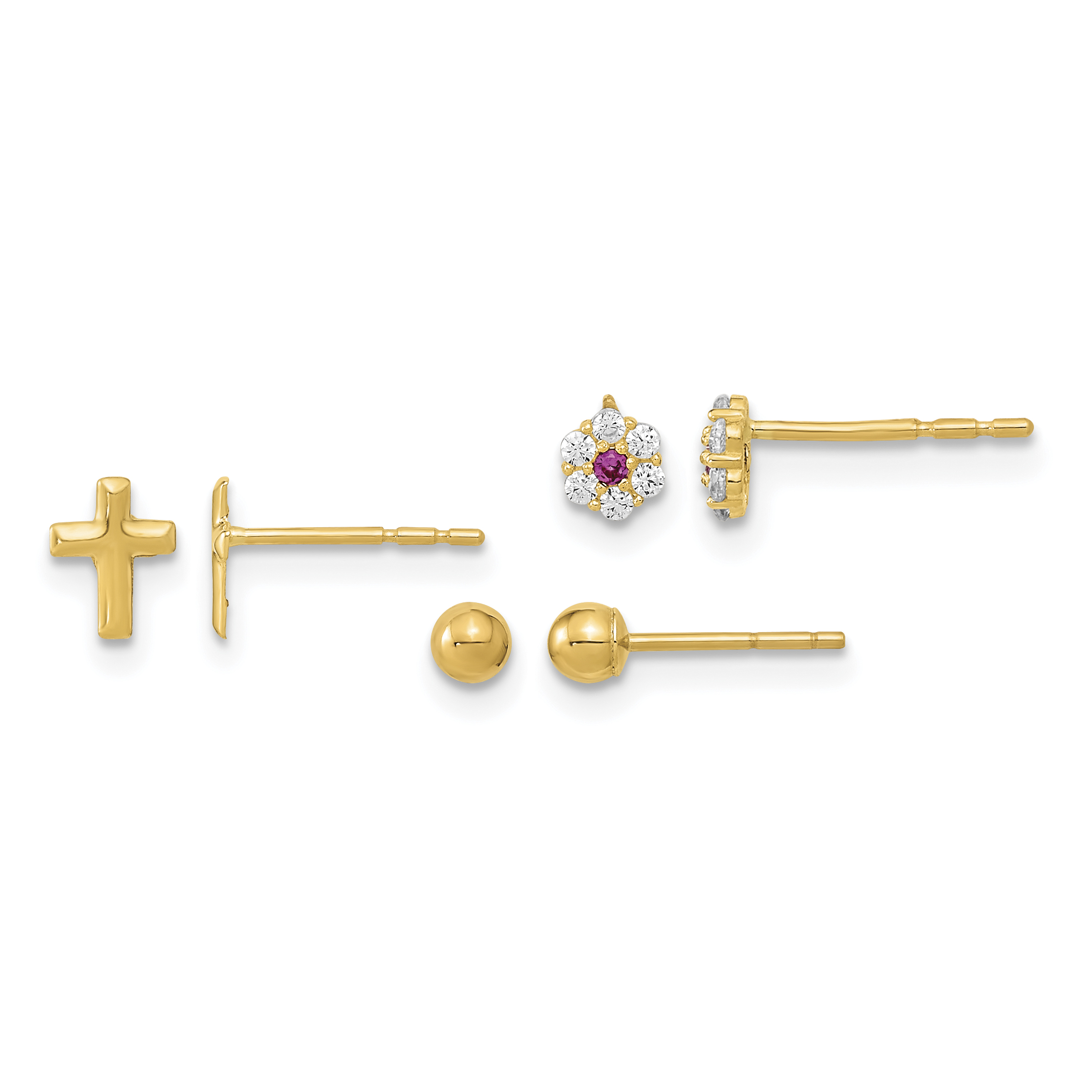14K Polished Set of Ball Post CZ Flowers and Cross 3 Pair Earrings Set (YE2126)