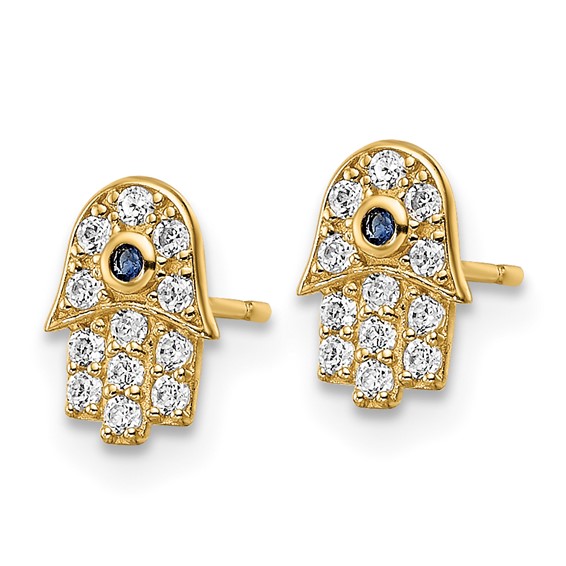14k Small CZ and Blue Glass Stone Hamsa Post Earrings