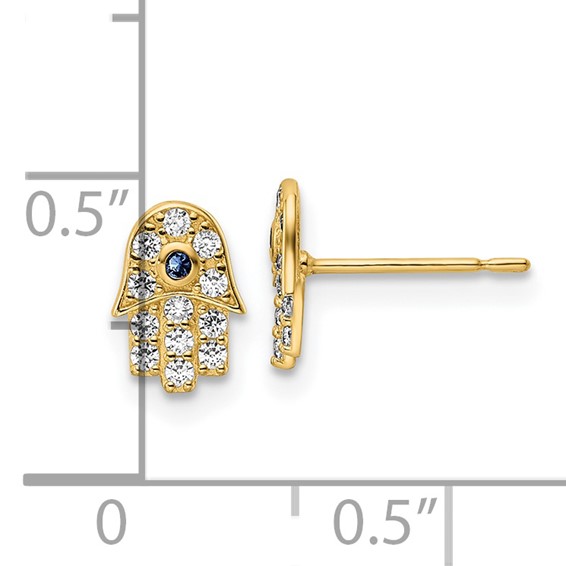 14k Small CZ and Blue Glass Stone Hamsa Post Earrings