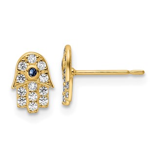 14k Small CZ and Blue Glass Stone Hamsa Post Earrings