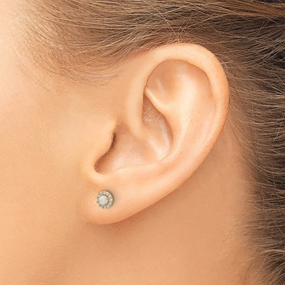 14K Polished CZ and Lab Created Opal Halo Screwback Post Earrings