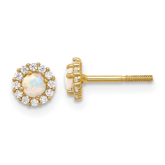 14K Polished CZ and Lab Created Opal Halo Screwback Post Earrings