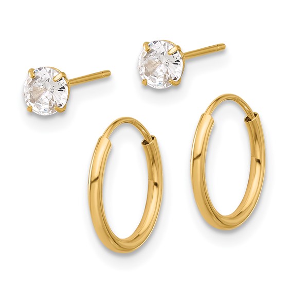 14K Set of Two Pair 4mm CZ Studs and 1.00x12mm Endless Hoop Earrings