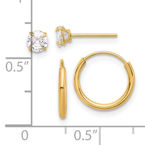 14K Set of Two Pair 4mm CZ Studs and 1.00x12mm Endless Hoop Earrings