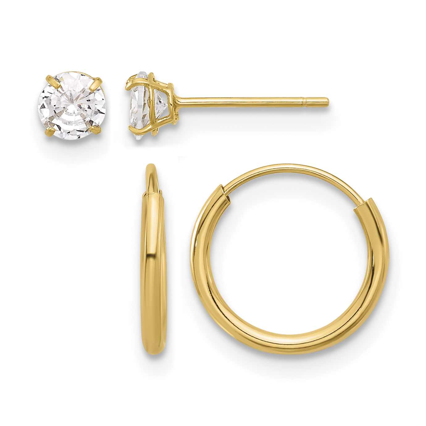 14K Polished CZ Studs and Small Endless Hoop Earring Set (YE2162SET)