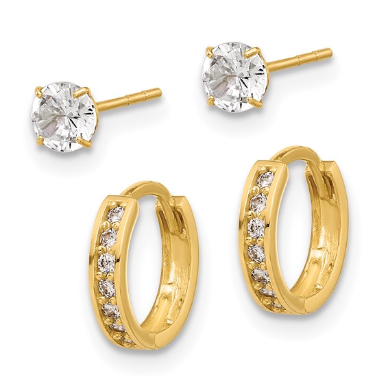 14K Set of Two Pair 4mm CZ Post and 1.00x10mm Hinged Hoop Earrings