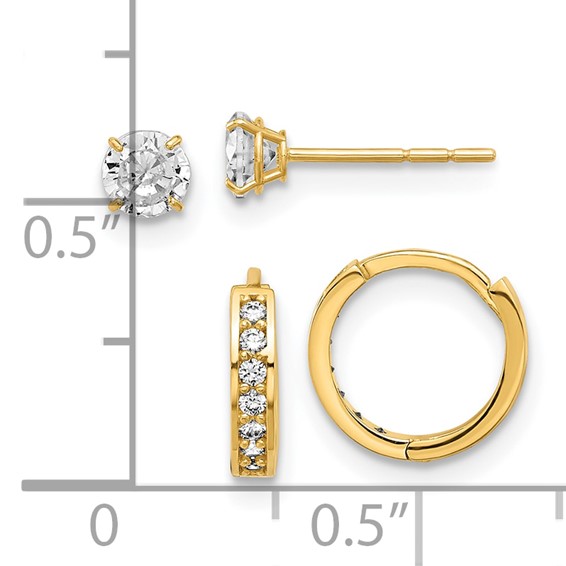 14K Set of Two Pair 4mm CZ Post and 1.00x10mm Hinged Hoop Earrings