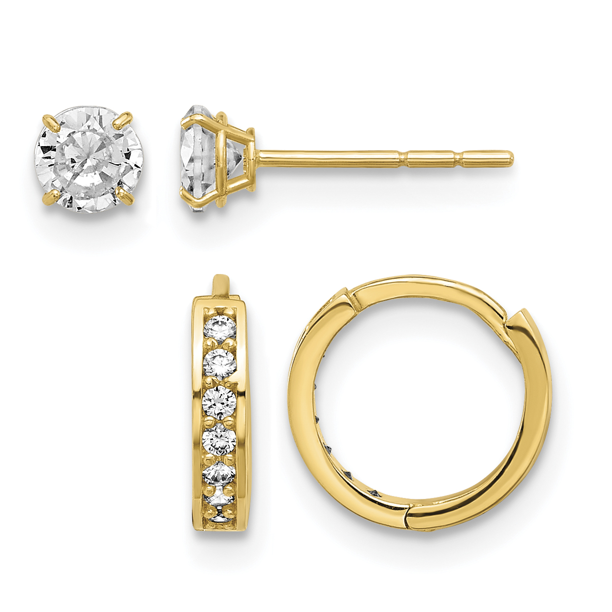 14K Polished CZ Post and Hinged Hoop Earring Set (YE2163SET)