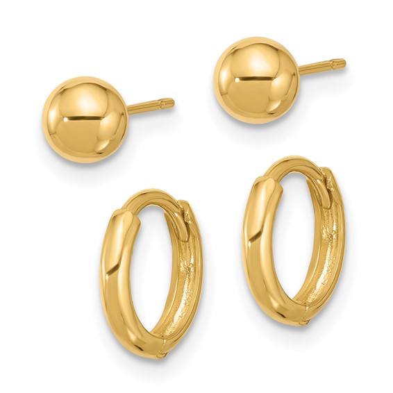 14K Set of Two Pair Polished 5mm Ball and Hinged Hoop Earrings