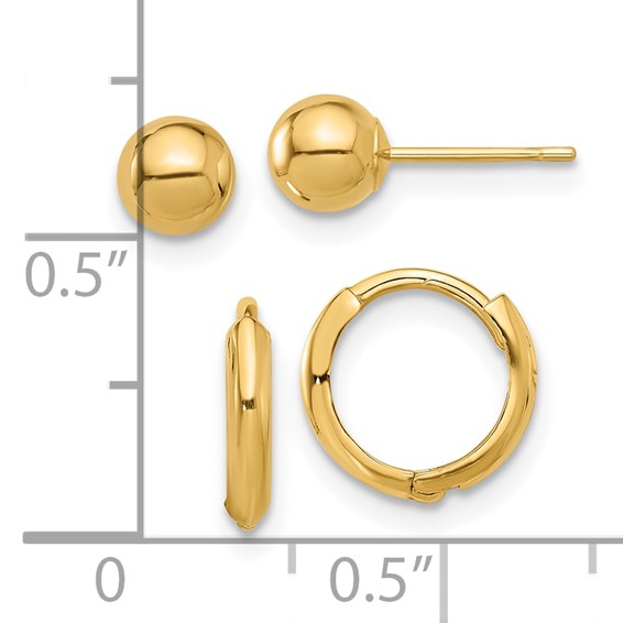 14K Set of Two Pair Polished 5mm Ball and Hinged Hoop Earrings