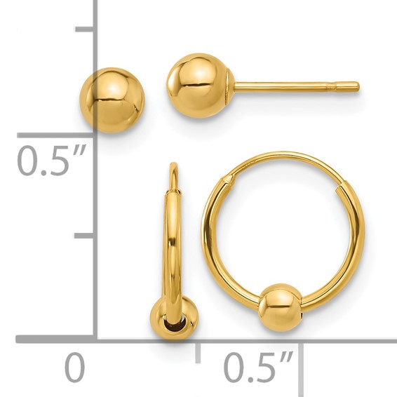 14K Set of Two Pair Polished 4mm Ball and Beaded Endless Hoop Earrings