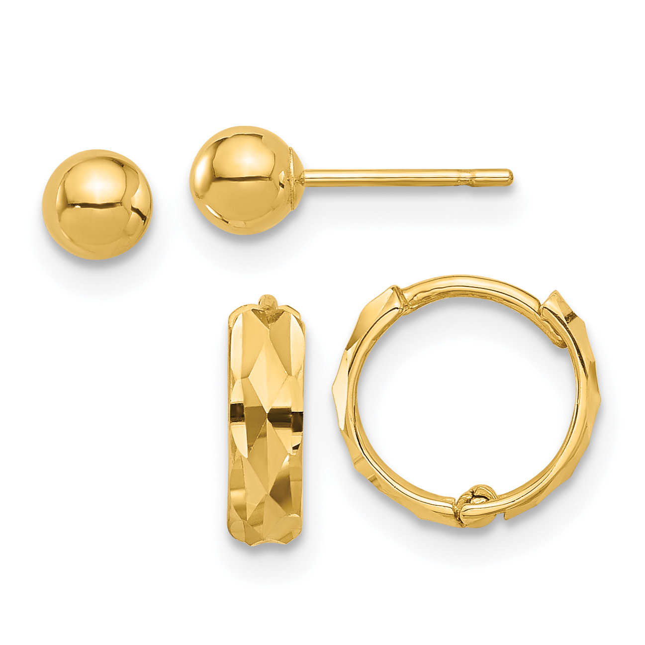 14K Polished 4mm Ball and Diamond Cut Hoop Set (YE2168SET)