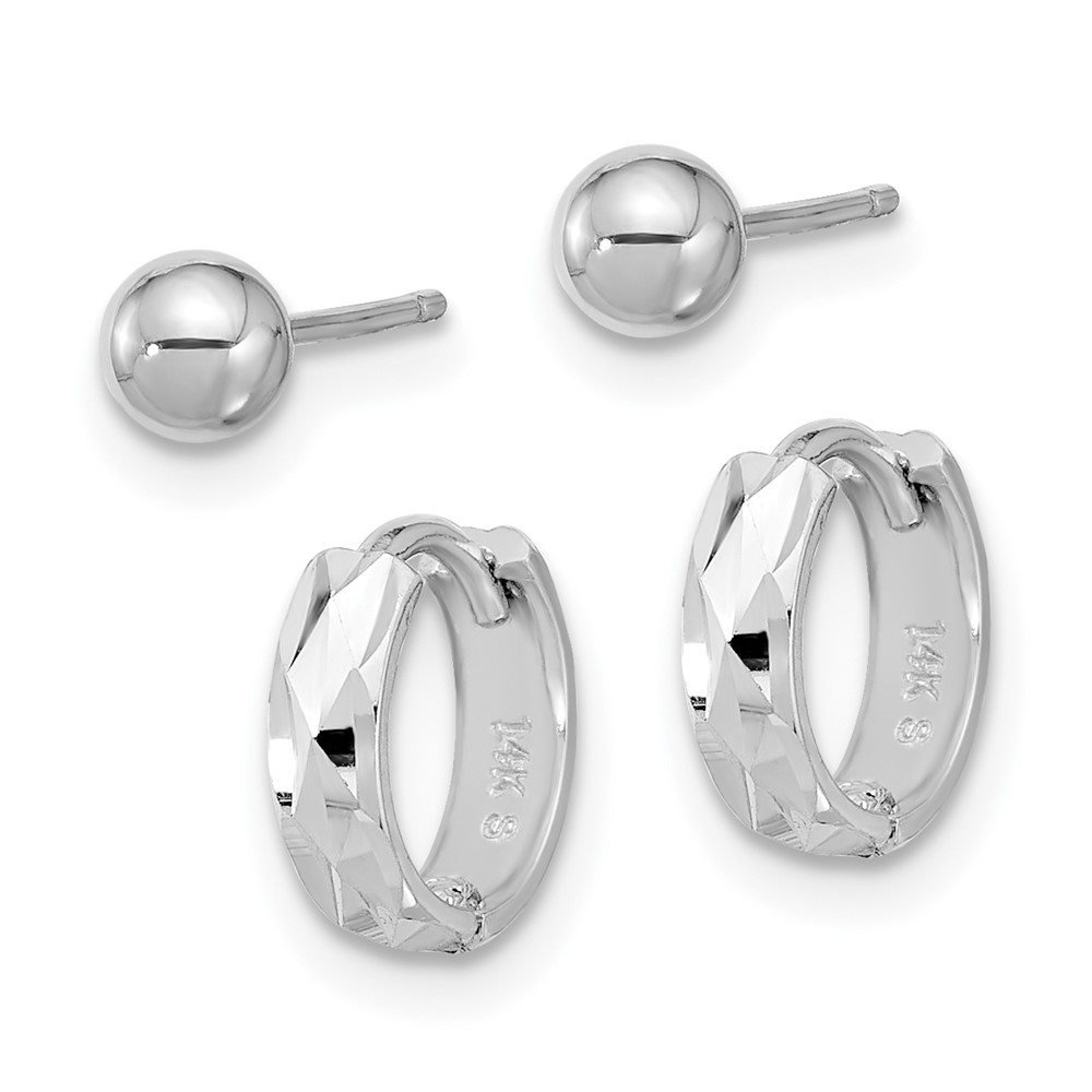 14K White Gold Polished 4mm Ball and D/C Hinged Hoop Earring Set (YE2168WSET)