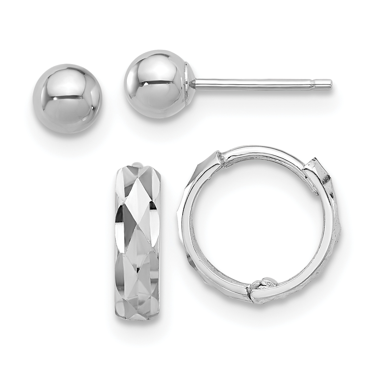 14K White Gold Polished 4mm Ball and D/C Hinged Hoop Earring Set (YE2168WSET)