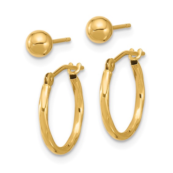 14K Set of Two Pair Polished 4mm Ball and 1x12mm Twisted Hoop Earrings