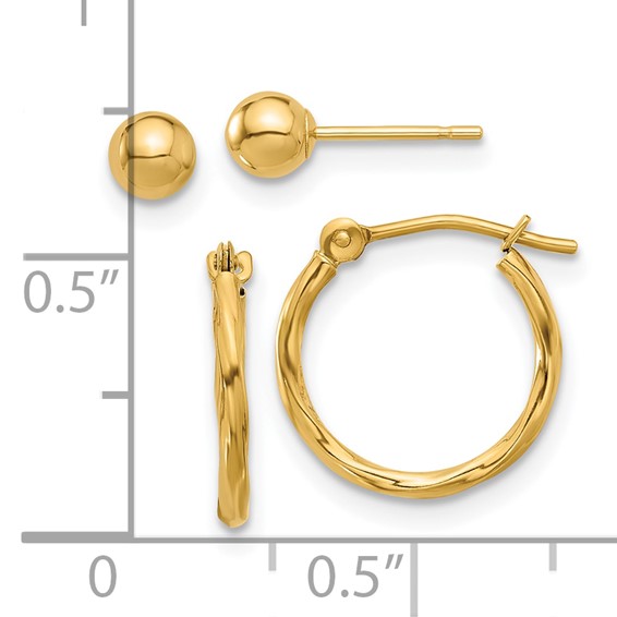 14K Set of Two Pair Polished 4mm Ball and 1x12mm Twisted Hoop Earrings