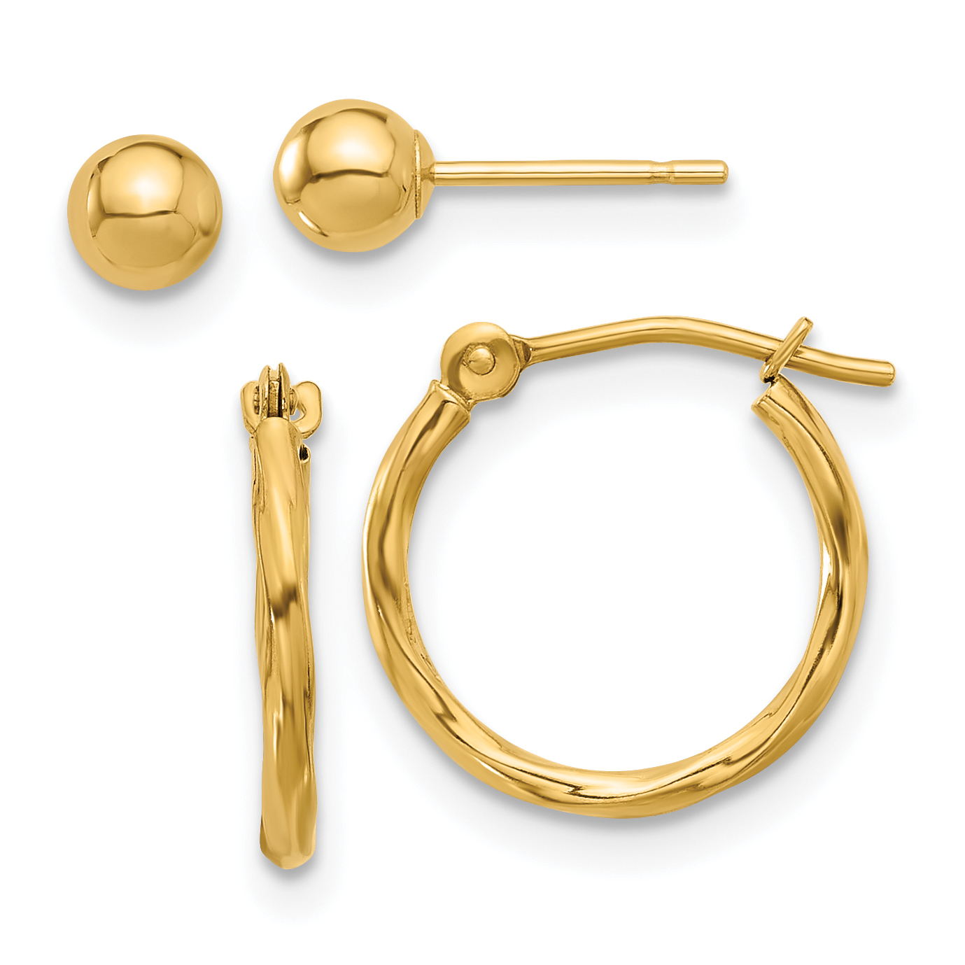 14K Polished 4mm Ball and Twisted Hoop Earring Set (YE2169SET)