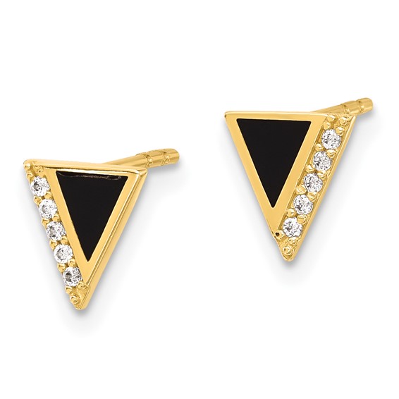 14K CZ and Black Epoxy Triangle Post Earrings