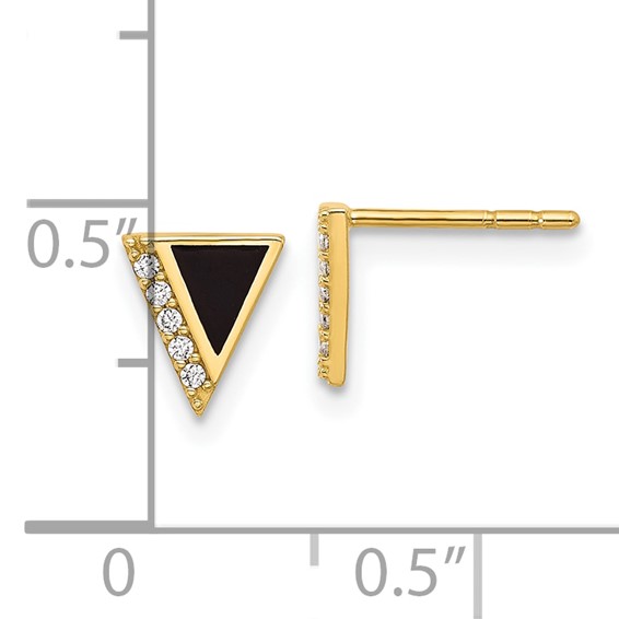 14K CZ and Black Epoxy Triangle Post Earrings