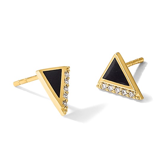 14K CZ and Black Epoxy Triangle Post Earrings
