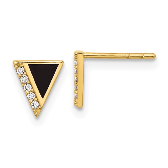 14K CZ and Black Epoxy Triangle Post Earrings