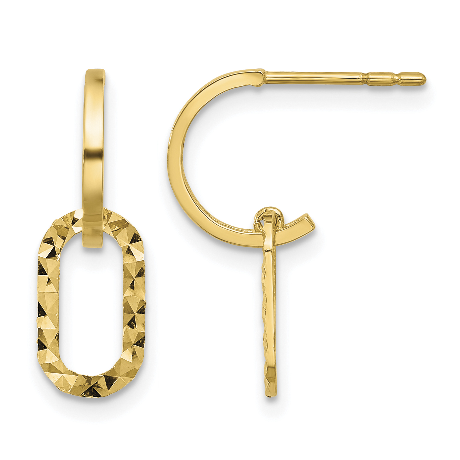14K Polished and D/C J-Hoop Dangle Post Earrings (YE2176)