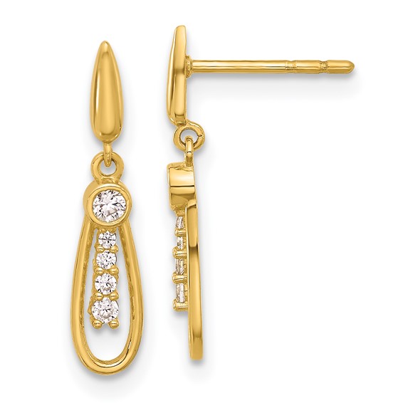 14K Polished Teardrop with CZ Dangle Post Earrings