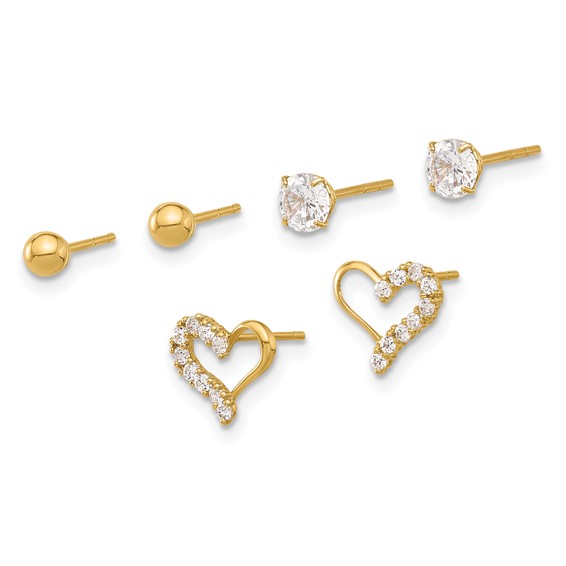 14K Polished 4mm CZ/3mm Ball/CZ Heart Post Set 3 Pair Earrings