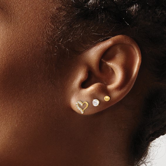 14K Polished 4mm CZ/3mm Ball/CZ Heart Post Set 3 Pair Earrings