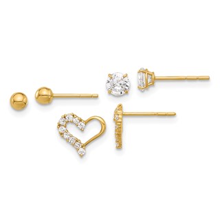 14K Polished 4mm CZ/3mm Ball/CZ Heart Post Set 3 Pair Earrings