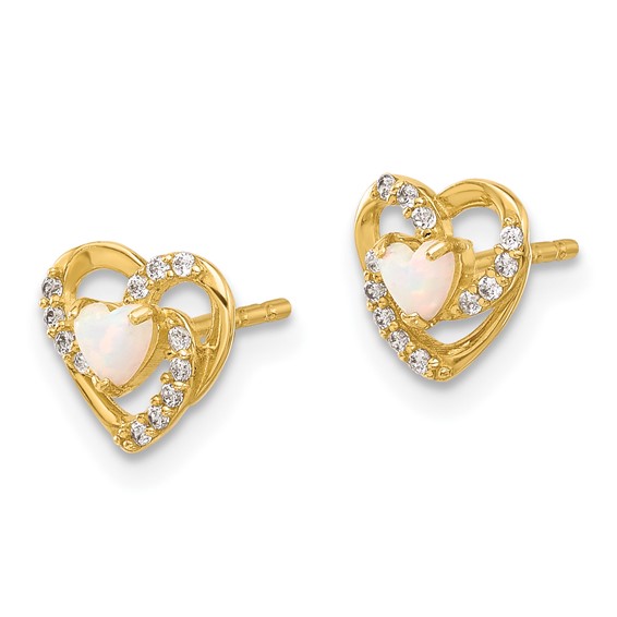 14K CZ and Lab Created Opal Heart Post Earrings