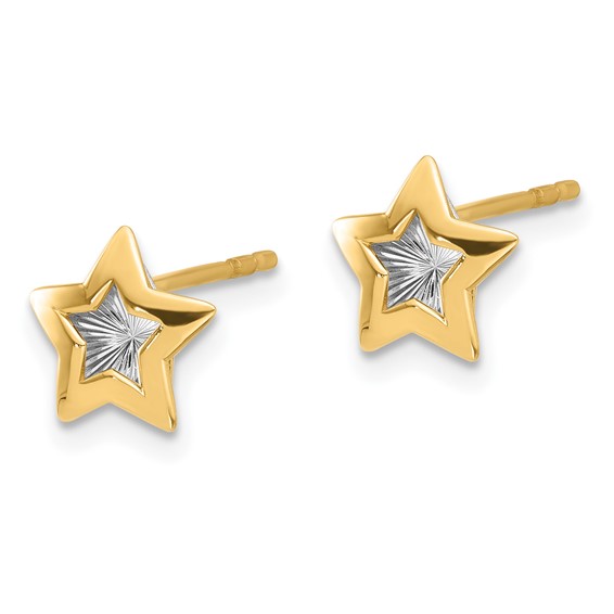 14K and White Rhodium Polished Diamond-cut Star Post Earrings