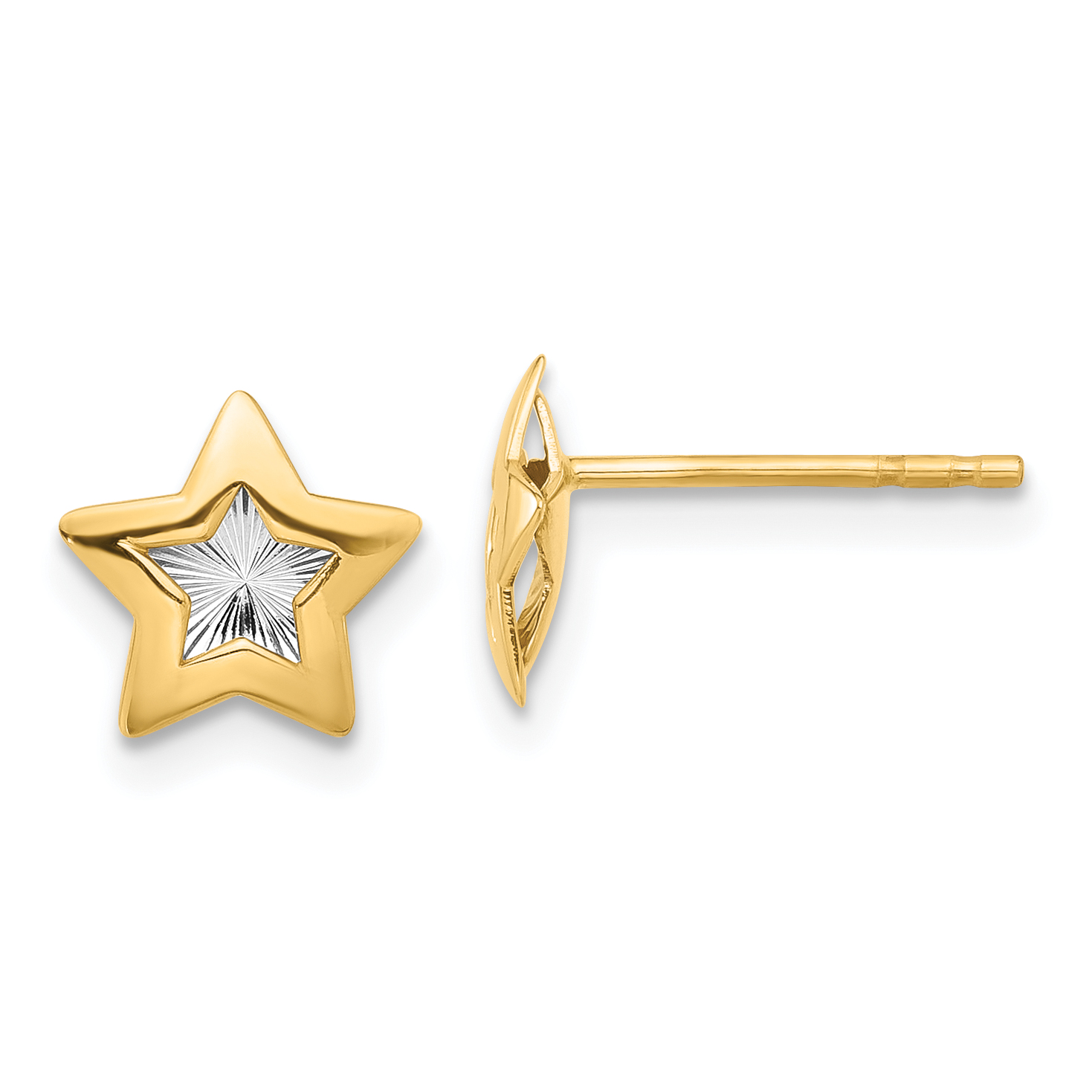 14K with Rhodium Polished and Textured Star Post Earrings (YE2198)