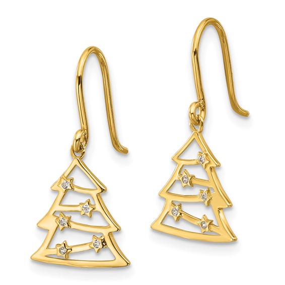 14k Polished CZ Christmas Tree French Hook Dangle Earrings