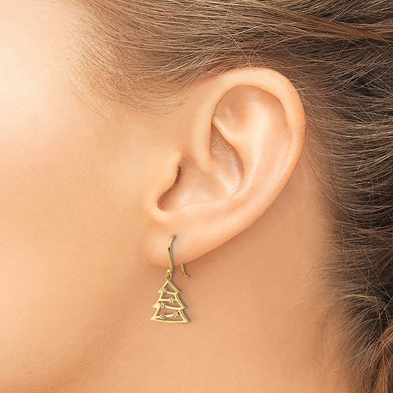 14k Polished CZ Christmas Tree French Hook Dangle Earrings