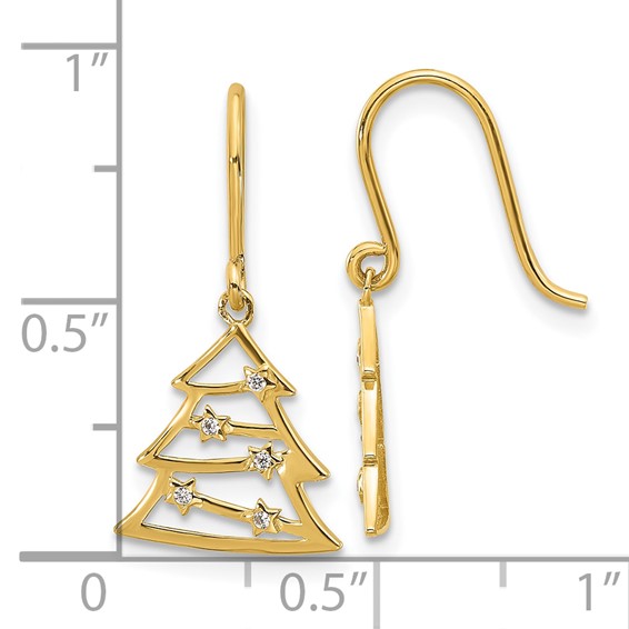 14k Polished CZ Christmas Tree French Hook Dangle Earrings