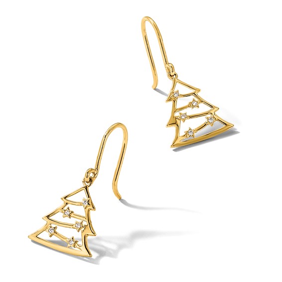 14k Polished CZ Christmas Tree French Hook Dangle Earrings