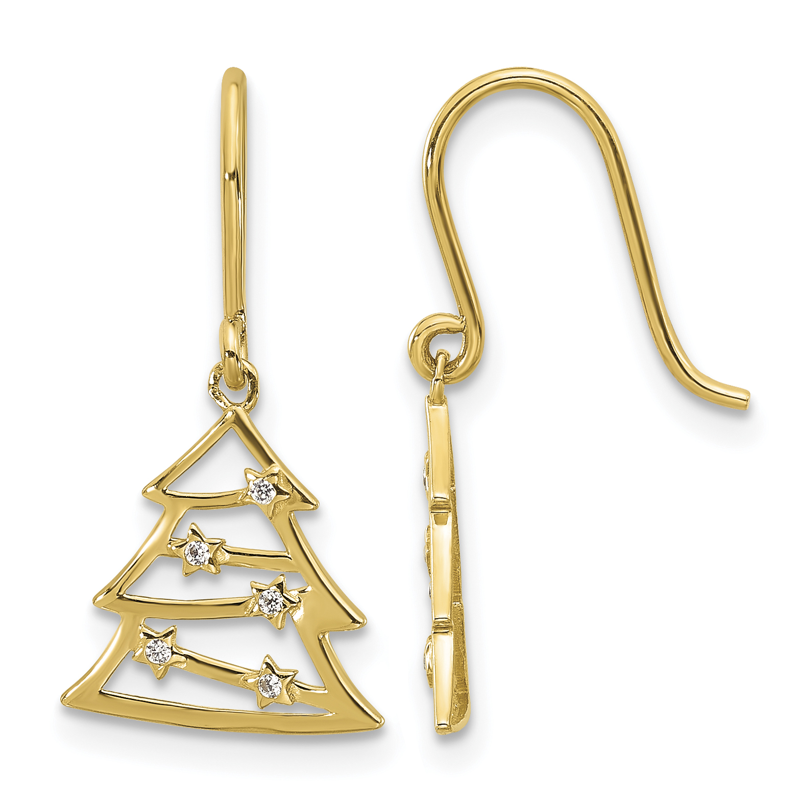 14k Polished CZ Christmas Tree Shepherd Hook Dangle Earrings (YE2200)