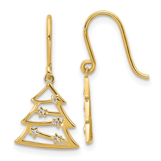 14k Polished CZ Christmas Tree French Hook Dangle Earrings
