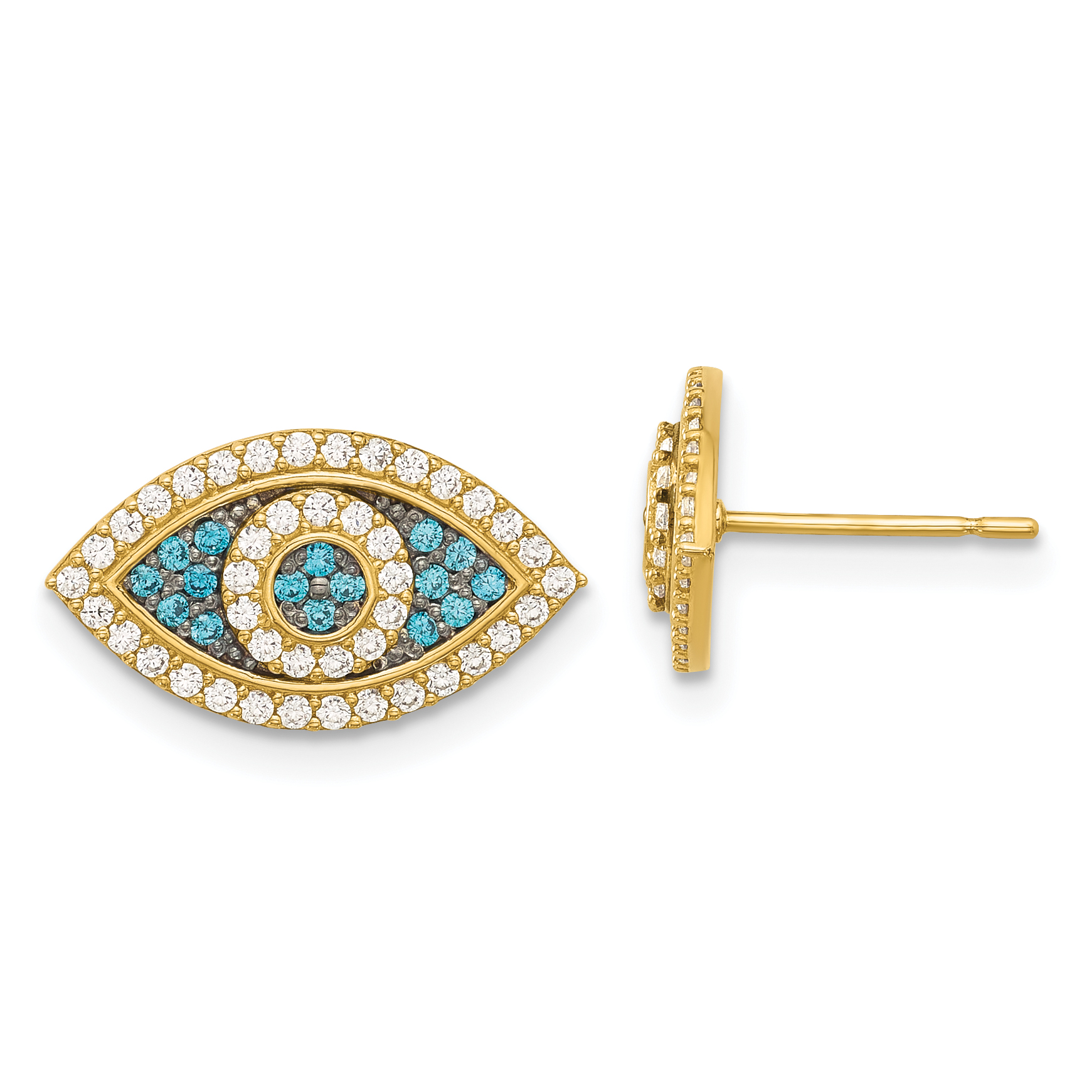 14k Black Rhodium-plated Polished Blue/White CZ Evil Eye Post Earrings (YE2203)
