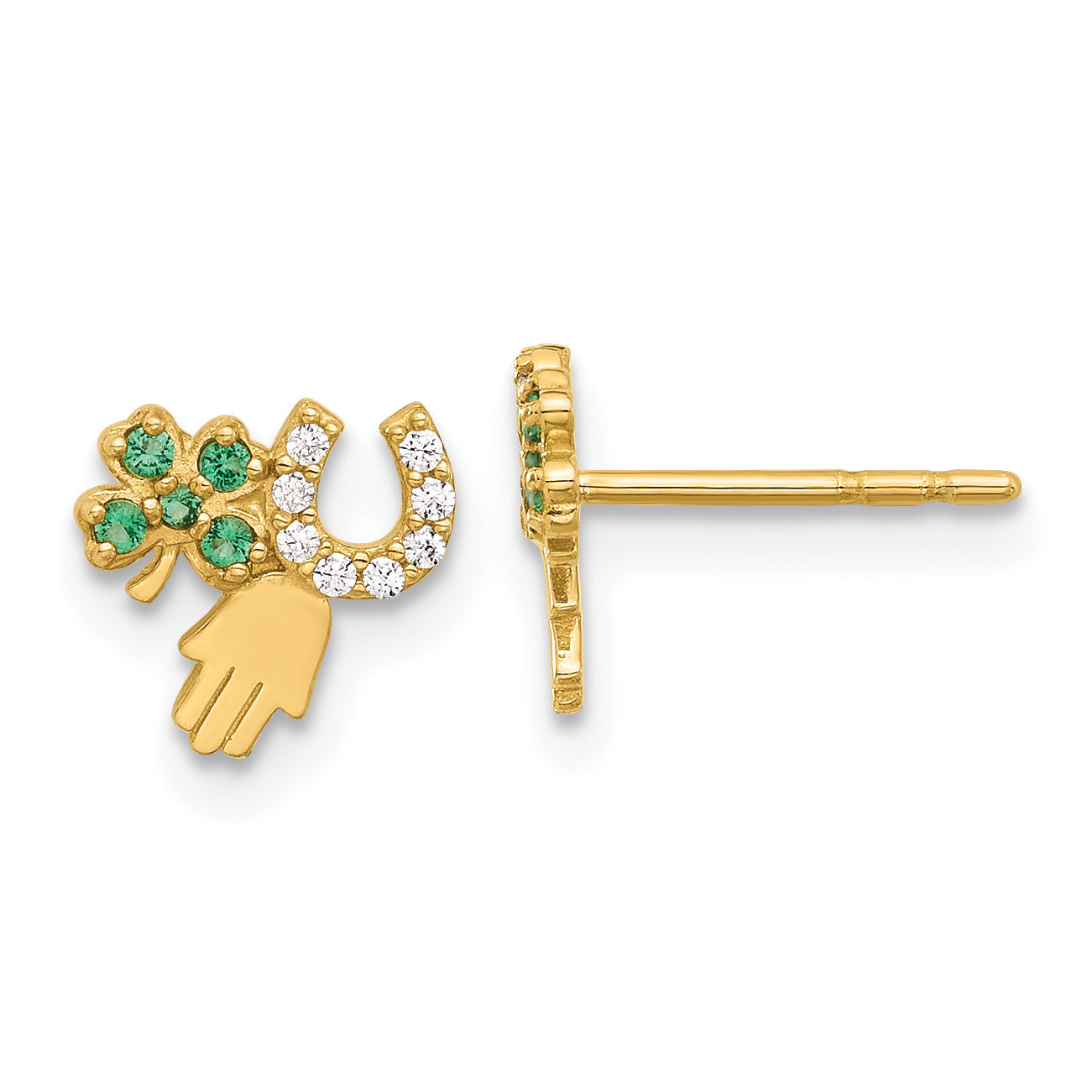 14K Green and Clear CZ Clover Horseshoe and Hamsa Post Earrings (YE2204)