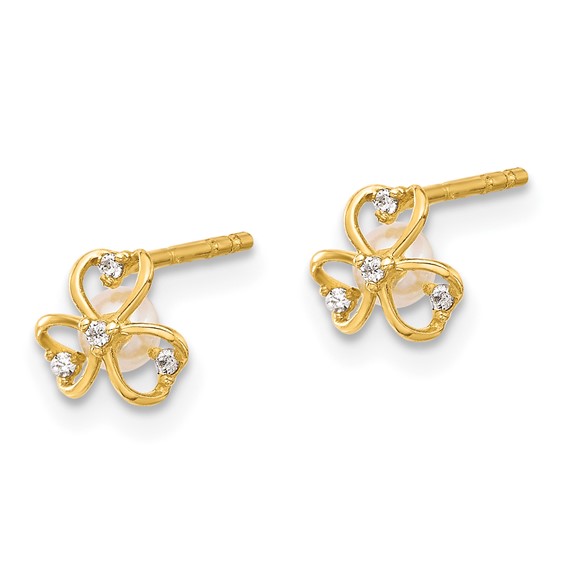14K CZ and Freshwater Cultured Pearl Clover Post Earrings