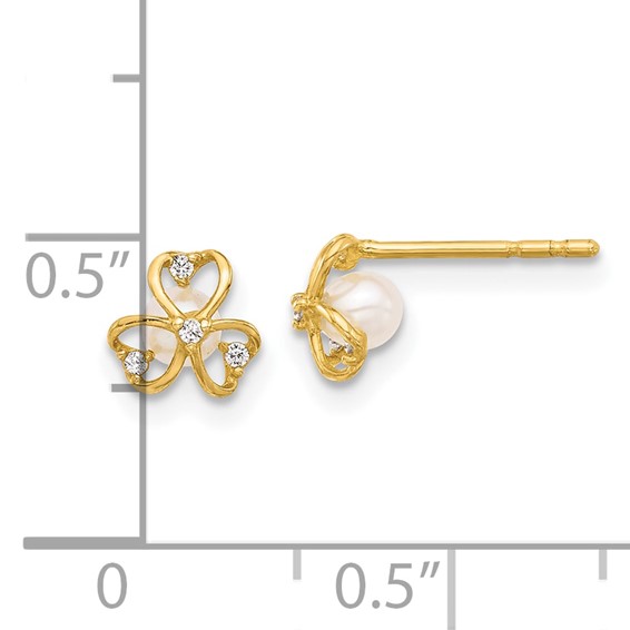 14K CZ and Freshwater Cultured Pearl Clover Post Earrings