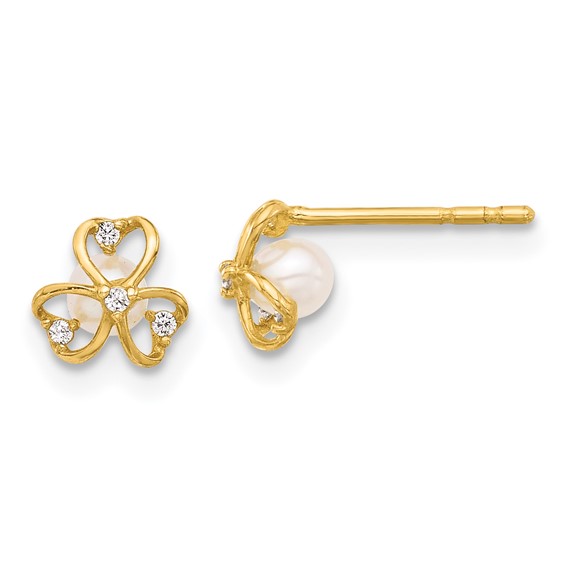 14K CZ and Freshwater Cultured Pearl Clover Post Earrings