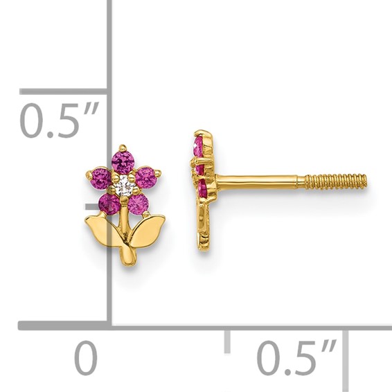 14K Polished Dark Pink and White CZ Flower Screwback Post Earrings