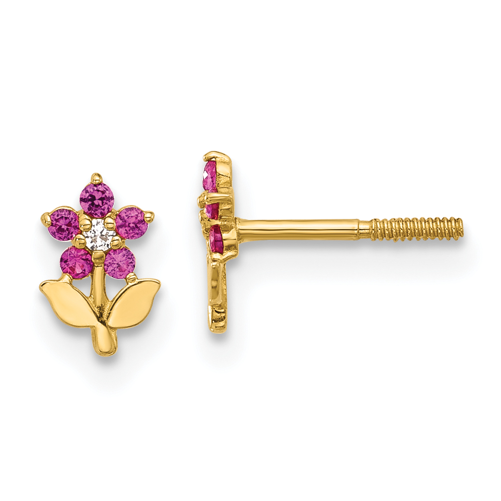 14K Polished Dark Pink & White CZ Flower Screwback Post Earrings (YE2207)