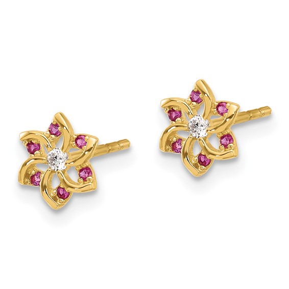 14K Polished Red and White CZ Flower Post Earrings