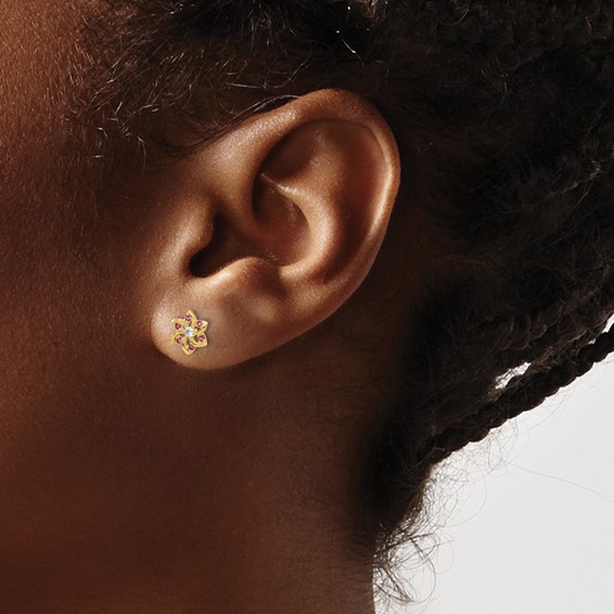 14K Polished Red and White CZ Flower Post Earrings