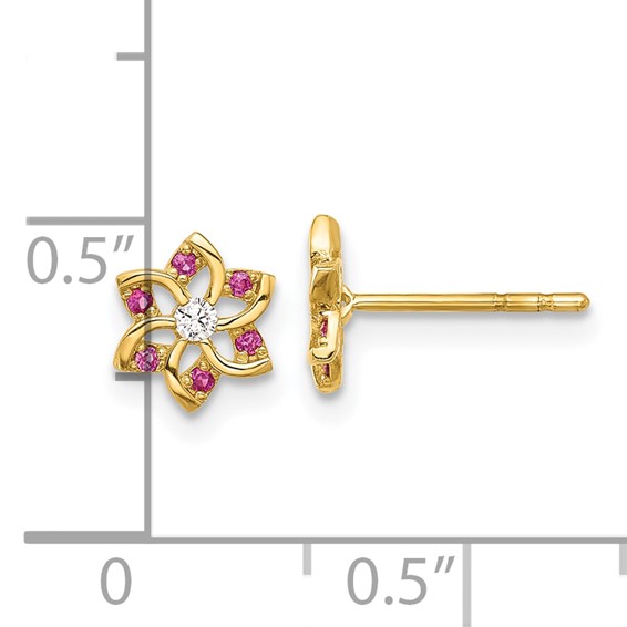 14K Polished Red and White CZ Flower Post Earrings