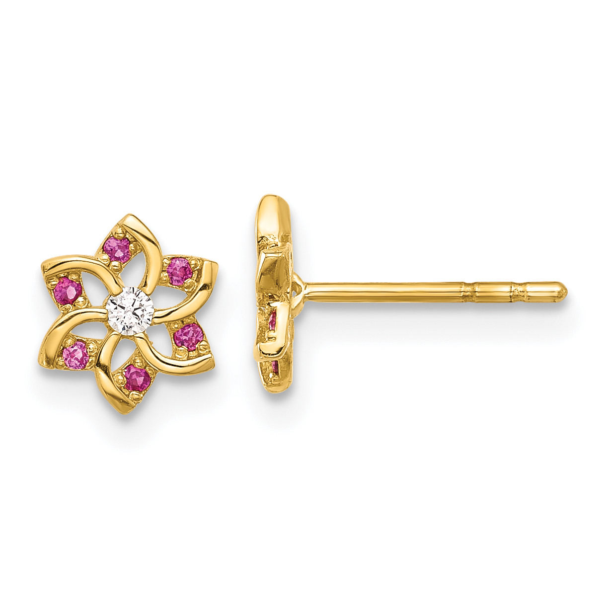 14K Polished Red and White CZ Flower Post Earrings (YE2208)